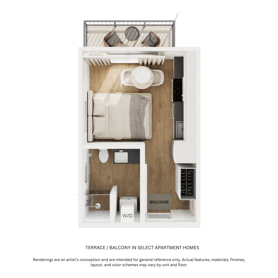Floor plan for studio, 1 bath, 301 sqft